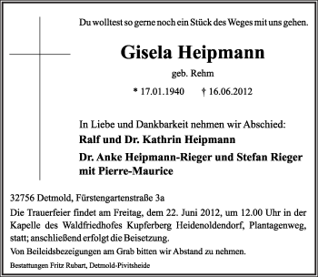 Anzeige  Gisela Heipmann  Lippische Landes-Zeitung