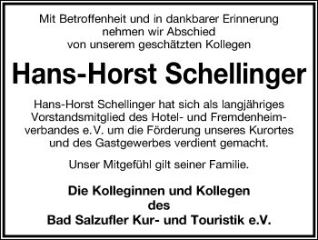 Anzeige  Hans-Horst Schellinger  Lippische Landes-Zeitung