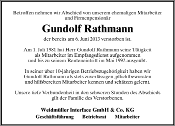 Anzeige  Gundolf Rathmann  Lippische Landes-Zeitung