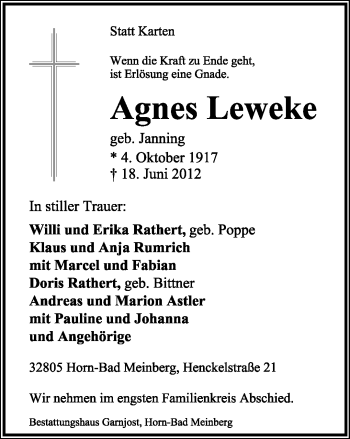 Anzeige  Agnes Leweke  Lippische Landes-Zeitung