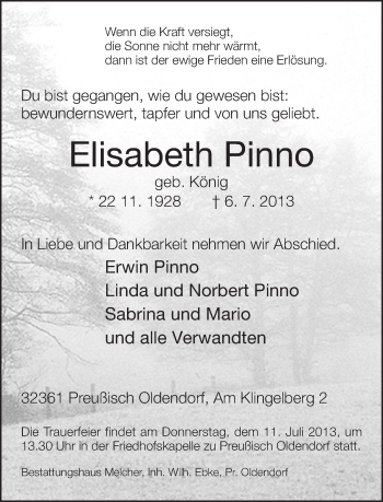 Anzeige  Elisabeth Pinno  Lippische Landes-Zeitung