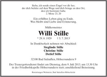 Anzeige  Willi Stille  Lippische Landes-Zeitung