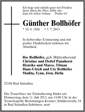 Anzeige  Günther Bollhöfer  Lippische Landes-Zeitung
