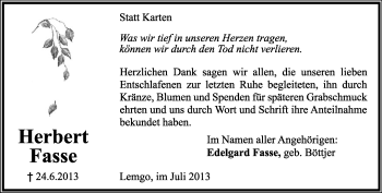 Anzeige  Herbert Fasse  Lippische Landes-Zeitung