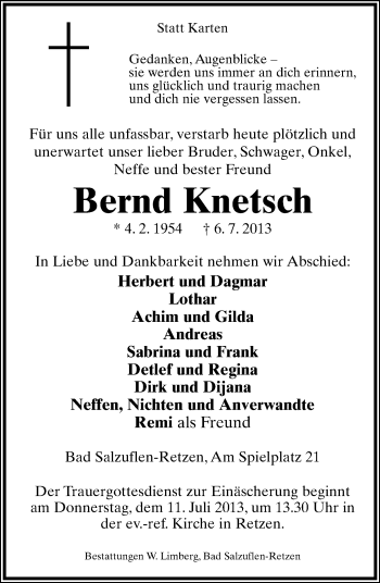 Anzeige  Bernd Knetsch  Lippische Landes-Zeitung