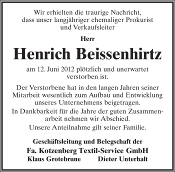 Anzeige  Henrich Beissenhirtz  Lippische Landes-Zeitung