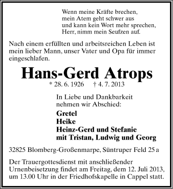 Anzeige  Hans-Gerd Atrops  Lippische Landes-Zeitung