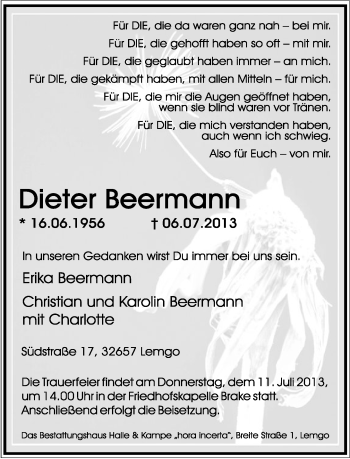 Anzeige  Dieter Beermann  Lippische Landes-Zeitung