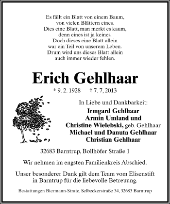 Anzeige  Erich Gehlhaar  Lippische Landes-Zeitung