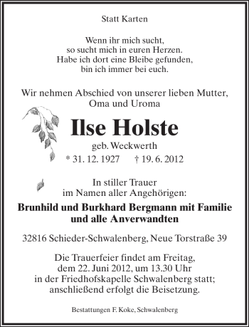 Anzeige  Ilse Holste  Lippische Landes-Zeitung