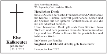 Anzeige  Else Kalkreuter  Lippische Landes-Zeitung