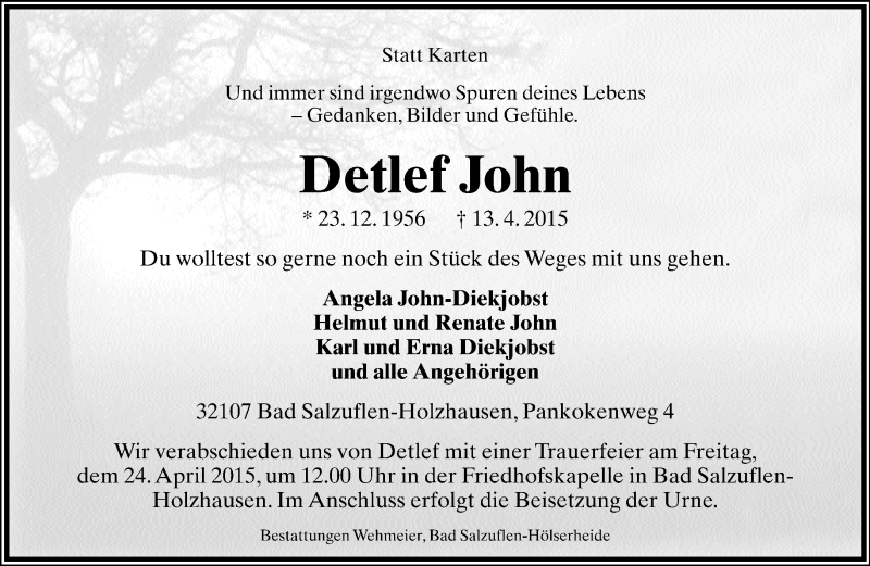  Traueranzeige für Detlef John vom 18.04.2015 aus Lippische Landes-Zeitung