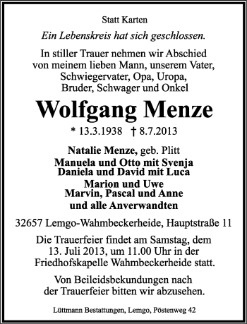 Anzeige  Wolfgang Menze  Lippische Landes-Zeitung
