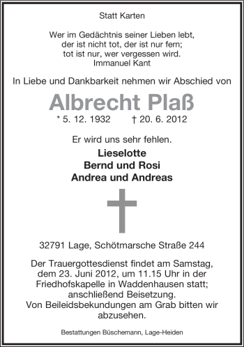 Anzeige  Albrecht Plaß  Lippische Landes-Zeitung
