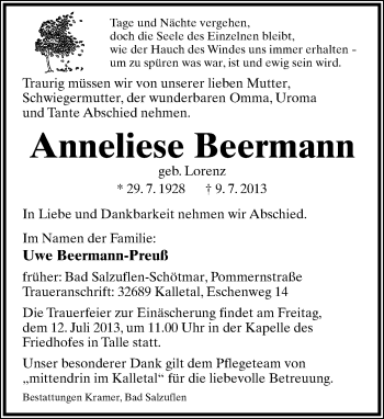 Anzeige  Anneliese Beermann  Lippische Landes-Zeitung
