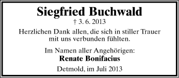 Anzeige  Siegfried Buchwald  Lippische Landes-Zeitung