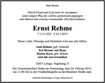 Anzeige  Ernst Rehme  Lippische Landes-Zeitung