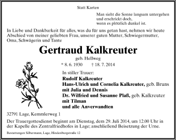 Anzeige  Gertraud Kalkreuter  Lippische Landes-Zeitung