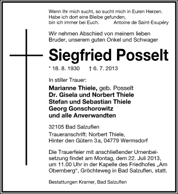 Anzeige  Siegfried Posselt  Lippische Landes-Zeitung