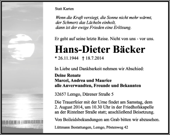 Anzeige  Hans-Dieter Bäcker  Lippische Landes-Zeitung