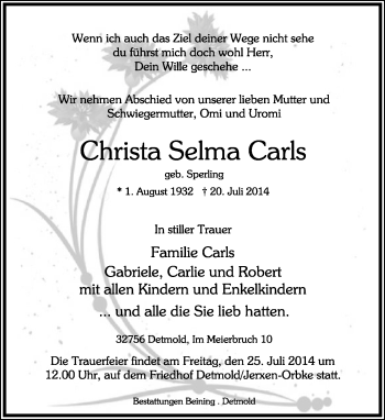 Anzeige  Christa Selma Carls  Lippische Landes-Zeitung