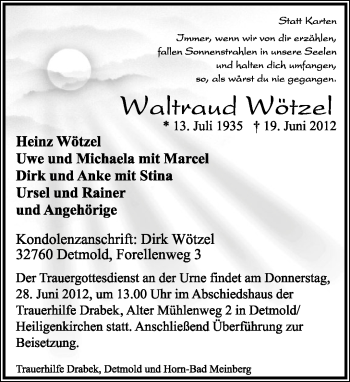 Anzeige  Waltraud Wötzel  Lippische Landes-Zeitung