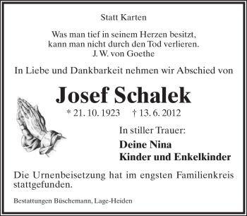 Anzeige  Josef Schalek  Lippische Landes-Zeitung
