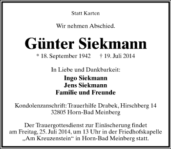 Anzeige  Günter Siekmann  Lippische Landes-Zeitung