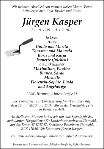 Anzeige  Jürgen Kasper  Lippische Landes-Zeitung