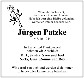 Anzeige  Jürgen Patzke  Lippische Landes-Zeitung