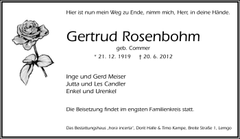 Anzeige  Gertrud Rosenbohm  Lippische Landes-Zeitung