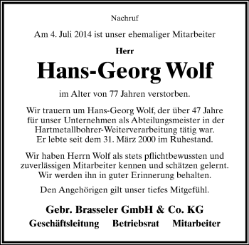 Anzeige  Hans-Georg Wolf  Lippische Landes-Zeitung