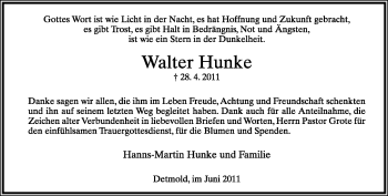 Anzeige  Walter Hunke  Lippische Landes-Zeitung