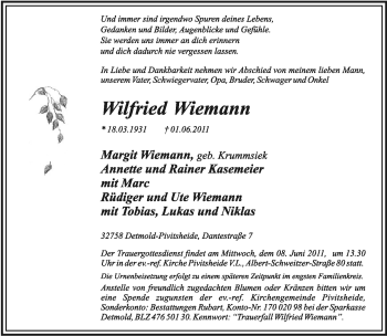 Anzeige  Wilfried Wiemann  Lippische Landes-Zeitung