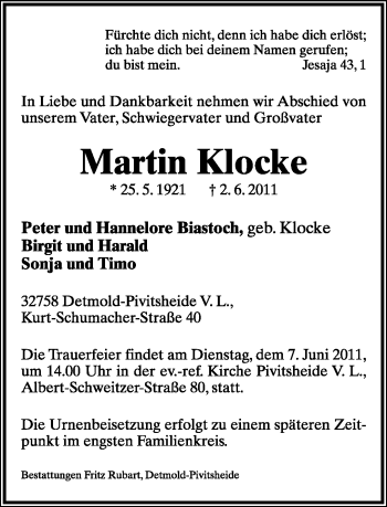 Anzeige  Martin Klocke  Lippische Landes-Zeitung