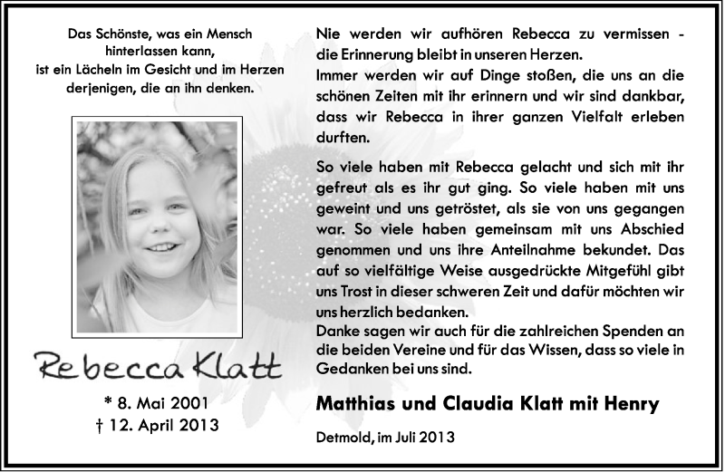  Traueranzeige für Rebecca Klatt vom 13.07.2013 aus Lippische Landes-Zeitung