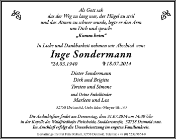 Anzeige  Inge Sondermann  Lippische Landes-Zeitung