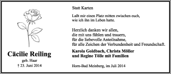 Anzeige  Cäcilie Reiling  Lippische Landes-Zeitung