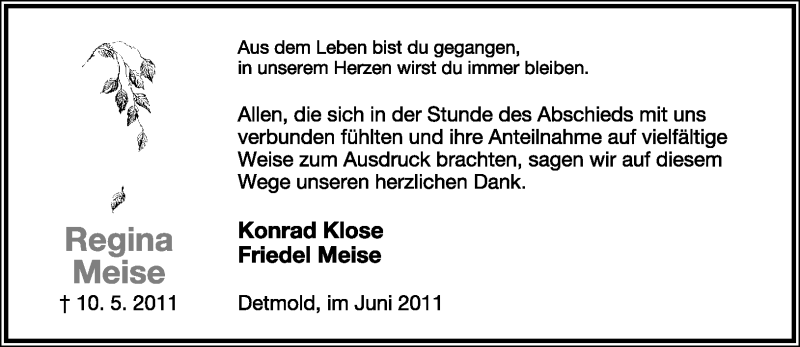  Traueranzeige für Regina Meise vom 04.06.2011 aus Lippische Landes-Zeitung