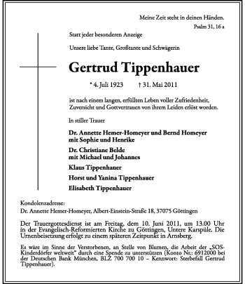 Anzeige  Gertrud Tippenhauer  Lippische Landes-Zeitung