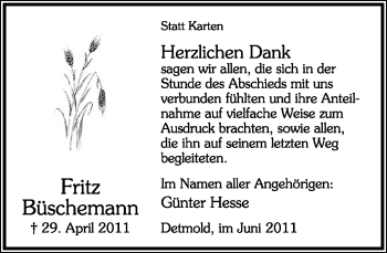 Anzeige  Fritz Büschemann  Lippische Landes-Zeitung