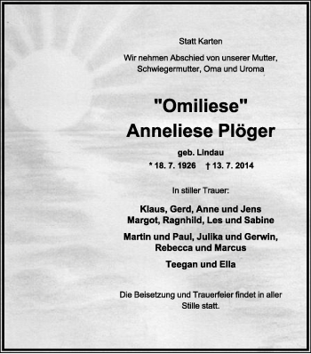 Anzeige  Anneliese Plöger  Lippische Landes-Zeitung