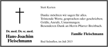 Anzeige  Hans-Joachim Fleischmann  Lippische Landes-Zeitung