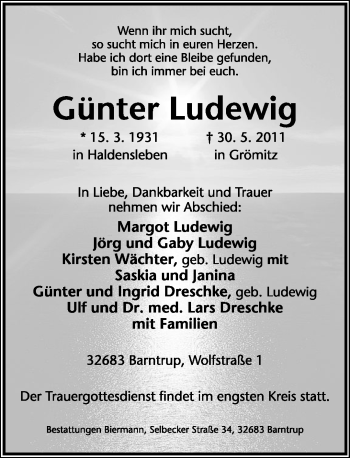 Anzeige  Günter Ludewig  Lippische Landes-Zeitung