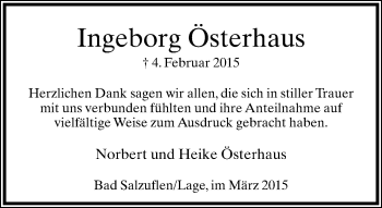 Anzeige  Ingeborg Österhaus  Lippische Landes-Zeitung