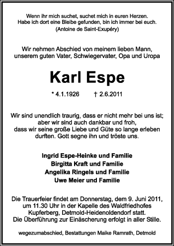 Anzeige  Karl Espe  Lippische Landes-Zeitung