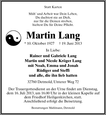 Anzeige  Martin Lang  Lippische Landes-Zeitung