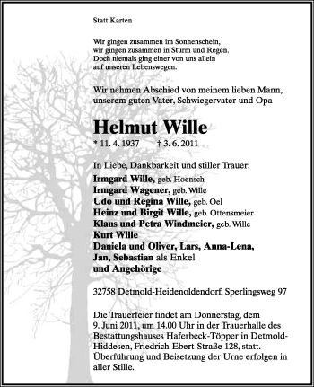Anzeige  Helmut Wille  Lippische Landes-Zeitung