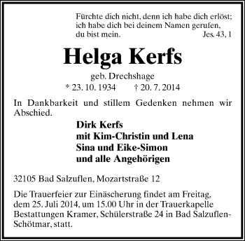 Anzeige  Helga Kerfs  Lippische Landes-Zeitung