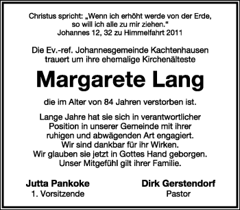 Anzeige  Margarete Lang  Lippische Landes-Zeitung